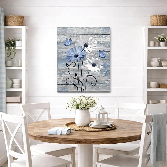 MYUSRE Farmhouse Blue Floral Canvas Wall Art, 16L X 12W Inch | Rustic Wood Daisy Butterfly Framed Wall Art Country Flower Pictures Wall Decor Ready to Hang