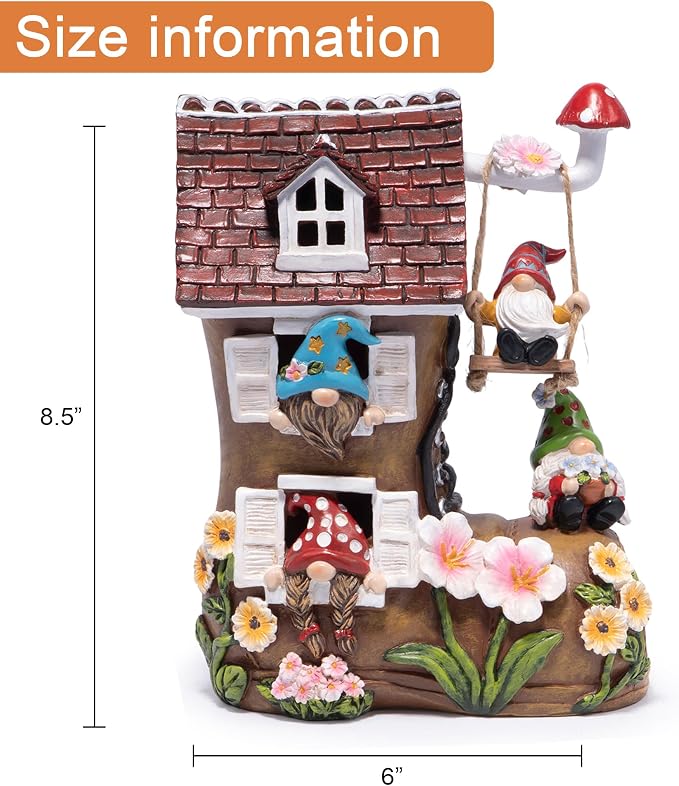 basen Solar Gnome Garden Statue with Boot House, Resin Outdoor Fairy Garden Decor with LED Lights, Waterproof Yard Ornament for Patio Lawn Backyard, Charming Gnome Figurine with Mushroom Swing