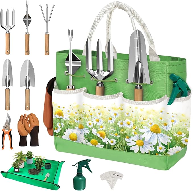 22Pcs Garden Tools Set for Women,Heavy Duty Hand Tool Kit,Birthday Gifts for Mom Wife Grandma Beginner,Gardening Essentials with Large Tote Bag/Repotting Mat/Trowel/Rake/Pruner/Gloves/Plant Tags-Green