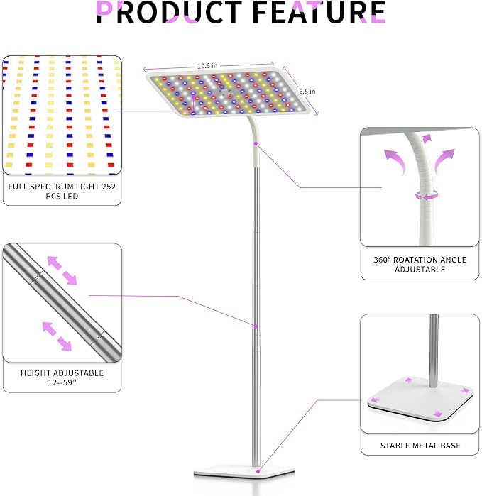 BESTVA 36W Grow Lights with Stand, Full Spectrum LED Plant Light, 12-59 Inch Height Adjustable Growing Lamp with Auto On/Off Timer 4H/8H/12H, 4 Dimmable Brightness