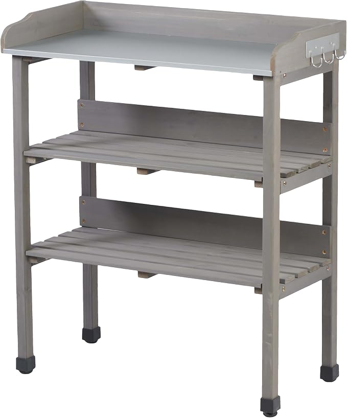Potting Bench Table, All-Weather Garden Table Work Station, Wood Outdoor Potting Table for Garden, Yard, Balcony, Easy Assembly (Grey)
