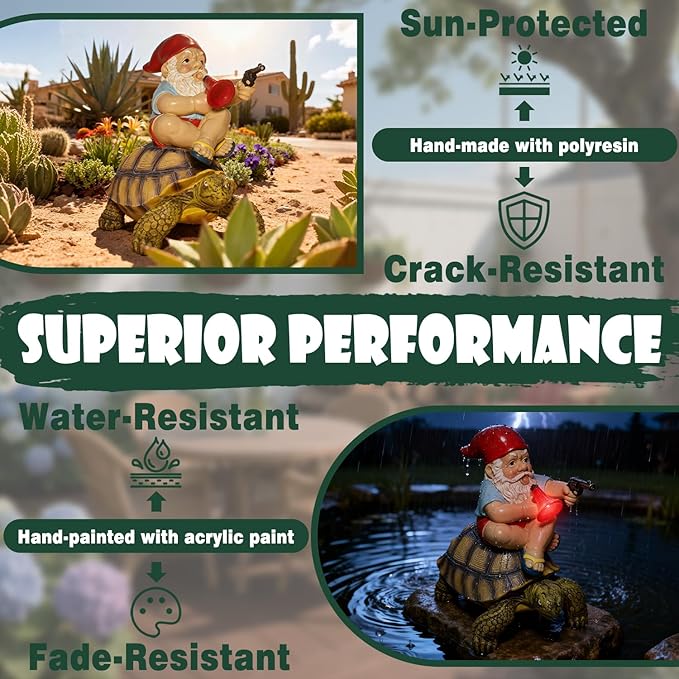 Funny Garden Gnomes Tortoise Decorations for Yard Statue with Solar Lights Outdoor Sculpture Decor