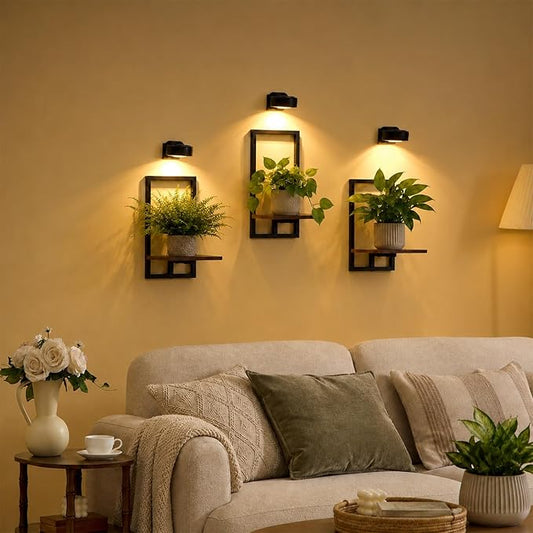 Wall Planters with Grow Lights, Set of 3 Floating Shelves for Indoor Plants, Bedroom, Living Room, Kitchen, Bathroom Decor, Rustic Brown