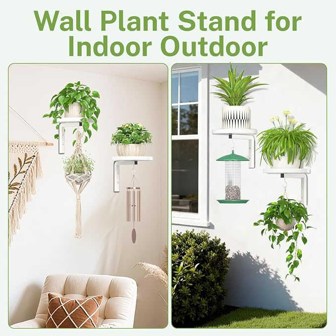 iDavosic.ly Wall Plant Holder Set of 2 for Indoor Outdoor, Metal Hanger with 2 Hooks, Floating Flower Display Stand for Window, Space Saving & Easy to Assemble (Pots/Chains/Plants Not Included), White