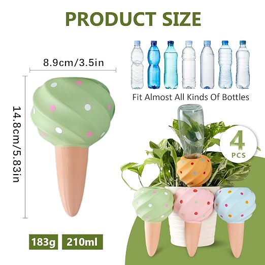 Joyeee Automatic Plant Watering Spikes 4 Pack, 210ML Terracotta Self-Watering Stakes, Vacation Plant Waterer for Potted Plants, Drip Irrigation Devices with 4 Colors Sea Spiral Design for Home Garden