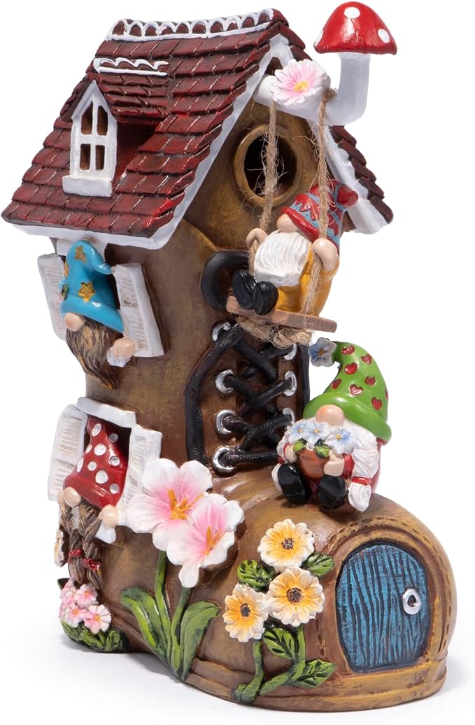 basen Solar Gnome Garden Statue with Boot House, Resin Outdoor Fairy Garden Decor with LED Lights, Waterproof Yard Ornament for Patio Lawn Backyard, Charming Gnome Figurine with Mushroom Swing