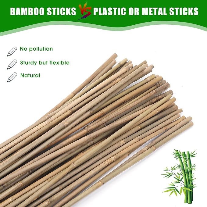 Plant Bamboo Post,4.8Feet,Bamboo Garden Stakes,50PcsBamboo Stakes,for Tomato,Beans,Vegetable and Flowers, Potted Plants,Indoor and Outdoor Climbing Plants