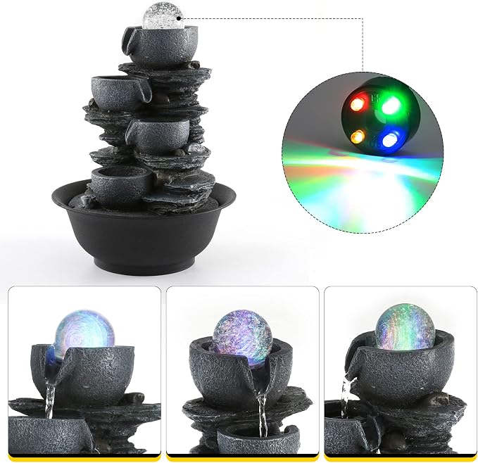 Dyna-Living Tabletop Water Fountain Indoor Waterfalls Fountains with Colored LED Light Decorative Tabletop Fountain with Automatic Pump, Desktop Indoor Water Fountains for Office Relaxing