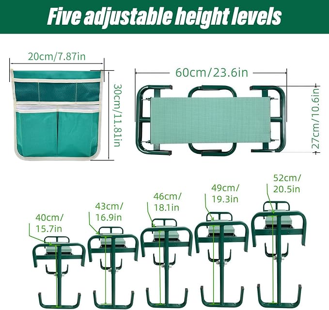 Adjustable Garden Kneeler and Seat, Foldable Garden Kneeler and Seat with Wider Kneeling Pad and 2 Tool Pouches Height Adjustable Heavy Duty Gardening Stool