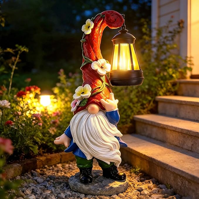 Garden Gnome Statue with Solar Lights 13.7" Garden Sculptures Gnomes Decorations Gnome Outdoor Patio Lawn Yard Balcony Birthday Gift for Mom Grandma(Right Light)