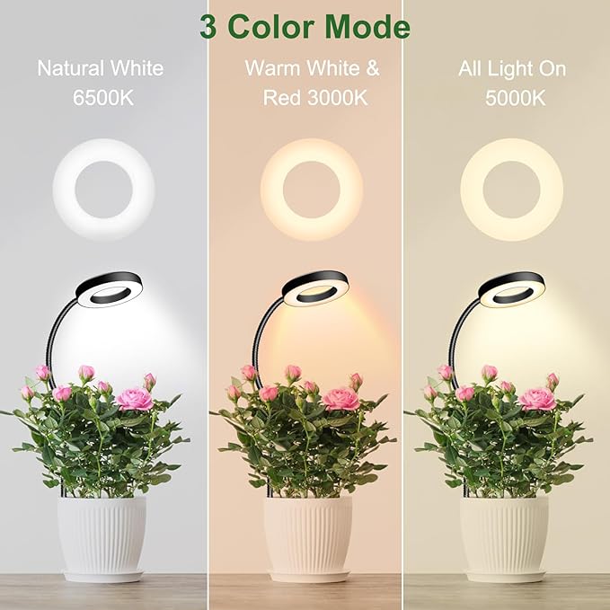 wolezek 2 in 1 Grow Lights for Indoor Plants, 3 Colors Plant Lights for Indoor Growing with 360° Gooseneck, 48 LEDs Full Spectrum Plant Grow Lights Indoor, 6/12/16H Timer, 5 Brightness, Black 1 Pack
