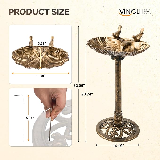 VINGLI Pedestal Bird Bath, Copper Resin Birdbaths Weather Resistant Floral Accents and Vintage Finish Garden Decor for Outdoor Lightweight Courtyard (Copper-Shell-Shaped with Solar Pump)