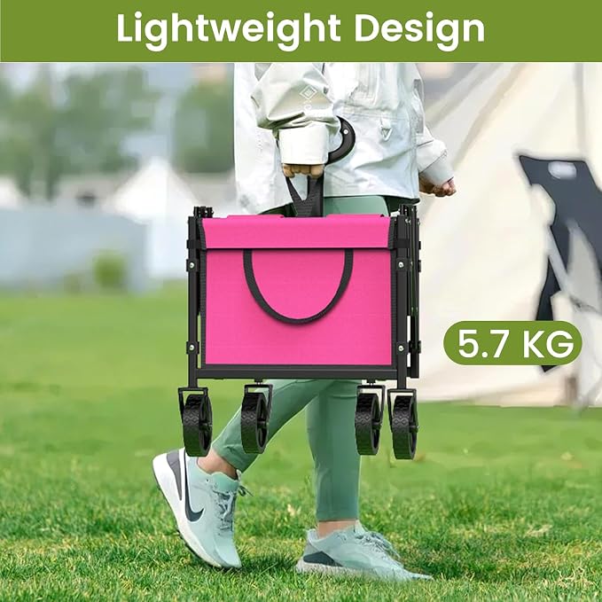 Collapsible Wagon with Wheels, 220 lbs Wagons Carts Foldable Wagon Cart with Flexible Handle, Lightweight Portable Folding Utility Grocery Shopping Cart for Grocery Sports Garden Camping, Pink