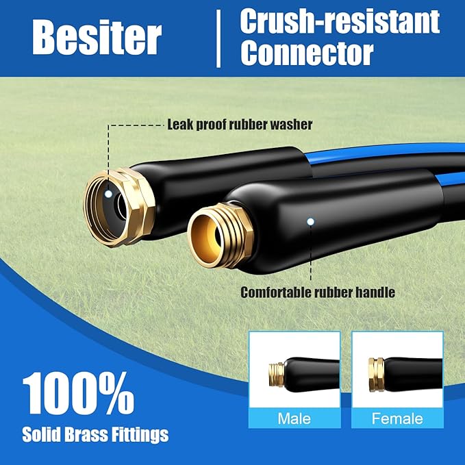 Besiter Heavy Duty Garden Hose 5/8" 25 FT: Flexible Rubber Water Hose - Leakproof Hose Male to Female Fittings - Durable Hose for Yard, Lawn, Car Wash, Outdoor, Watering, Dark Blue