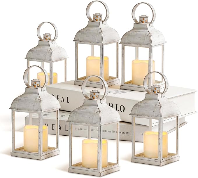 Wedding Decor White Lanterns: 6 Pcs LED Flameless Decorative Indoor Outdoor Farmhouse Candle Holder Bulk for Tables Centerpieces