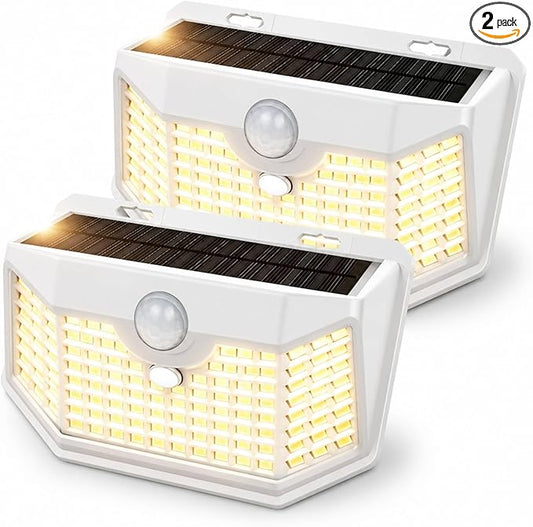 HMCITY 120 LED Solar Lights Outdoor with Motion Sensor and 3 Lighting Modes, IP65 Waterproof Wide Solar Wall Lights Ideal for Garden Patio Yard (Front Button 2Packs, White Shell-Warm White)