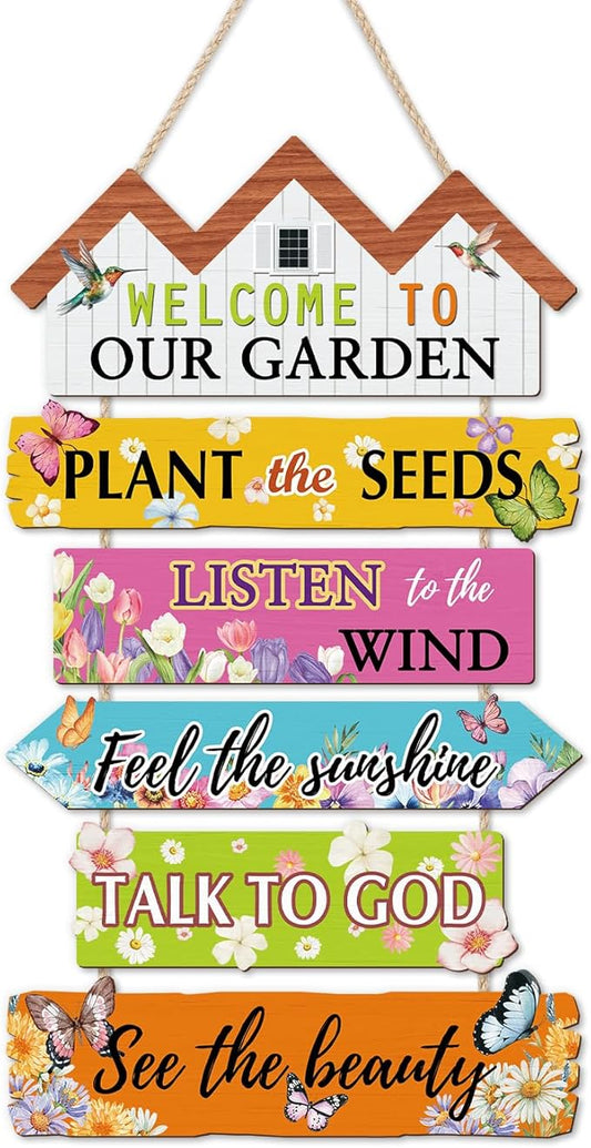 HOURIA Welcome to Our Garden Wooden Sign(11.4”x17.6”),Inspirational Gardening Signs for Outside,Colorful Garden Yard Greenhouse Decor,Gardening Gifts for Women, Men, Gardeners,Plant Lovers