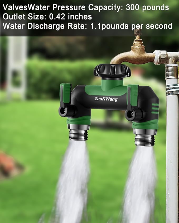 Garden Hose Splitter 2 Way, Heavy Duty Water Hose Spigot Bib Splitter, Outdoor Faucet Splitter with Shutoff Valve, T Adapter Connector with 3/4 - Inch GHT Thread (Green)