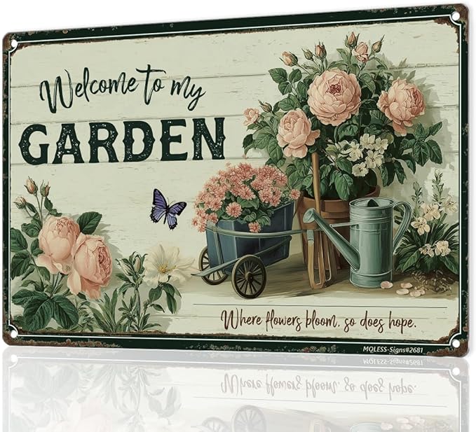 Vintage Garden Sign – 'Welcome to My Garden' | 12x8″ Floral Metal Garden Signs Decor for Outside, Gardening Gifts for Women & Mom, Plant Lover Gifts, 2681