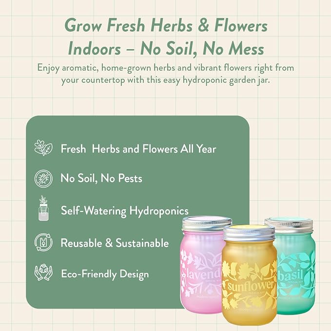 Modern Sprout Mason Garden Jar - Self-Watering Hydroponics Growing System Kit with Organic Herb Seeds - Jar Planter for Indoor Herb Garden -Seed Starter Kit - Decor & Gifting -Basil+Lavender+Sunflower