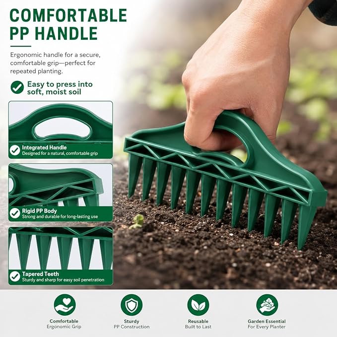 GOOGO Seed Spreader 4 Piece Sowing Tool Set, Green Garden Seed Spacer with 12 Holes and 5 Outlet Seed Dispenser, Handheld Planter for Vegetables and Flowers