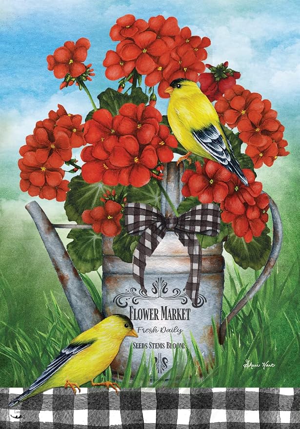 Briarwood Lane Geranium Watering Can Summer Garden Flag Goldfinches Birds 12.5" x 18"