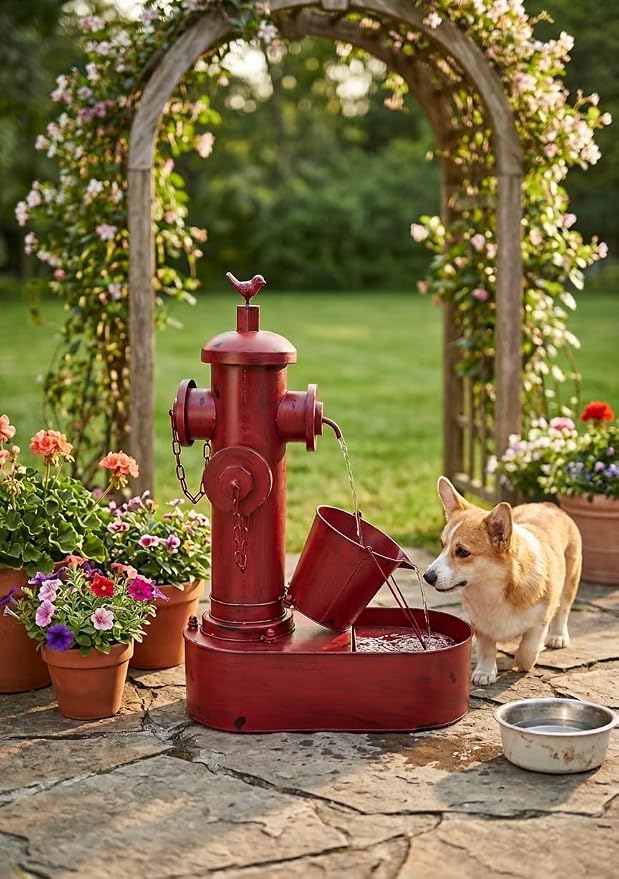 Water Fountain Outdoor, 27" Vintage Waterfall Fountain Red Fire Hydrant, Rustic Metal Outdoor Water Fountain with Tilted Bucket for Garden Patio Yard Deck Decor