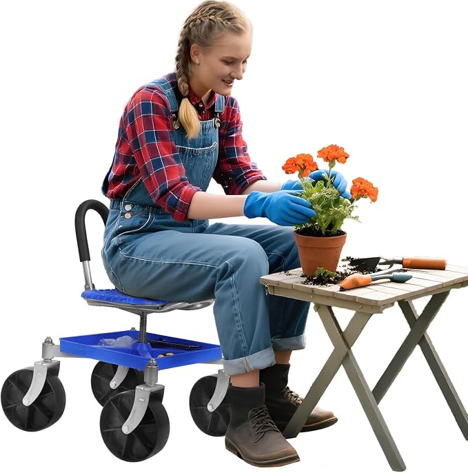 Cuteam Gardening Rolling Seat, Height Adjustable Rolling Garden Cart, 360 Degree Swivel Gardening Stool with Tool Tray, Rolling Work Seat for Gardeners Elderly Seniors (Blue)