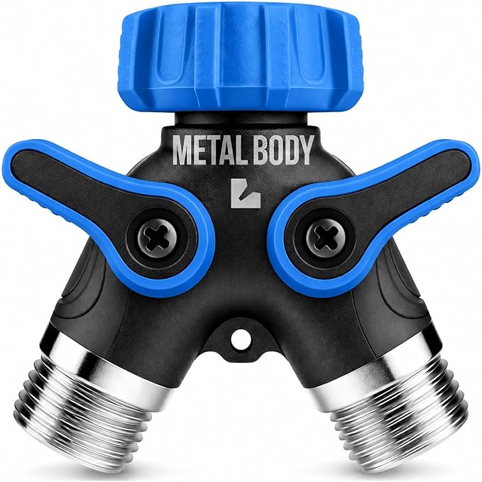 LIME 2 Way Hose Splitter Heavy Duty - Metal Y Garden Hose Splitter with Shutoff Valves, Brass Outdoor Faucet Adapter for Spigot, 3/4 Inch GHT Water Hose Connector - Blue