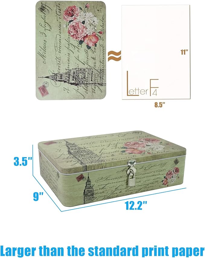 DreamsEden Seed Storage Box with Lock and Key, Metal Seed Organizer for Garden Packets, Waterproof Seed Saver Container, Rustic Decorative Box for Tea Sewing Letters, Gift for Gardeners Homesteaders