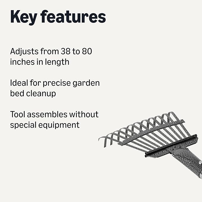 Amazon Basics Garden Rake, Leaf rake with 38.5" - 80.5" Adjustable Steel Handle, Gardening tools for Yard Work, Olive/Black/Silver