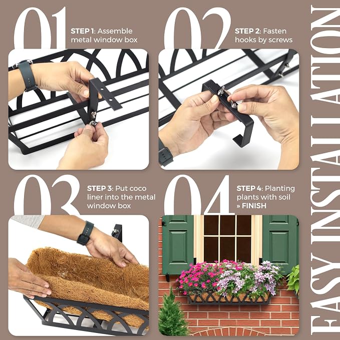 36IN Window Box Railing with Adjustable Brackets, Hanging Flower Planter Basket with Coco Liner for Outdoor Balcony Porch Fence Patio (Black - Set 4)