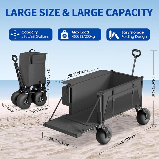 Beach Wagon with Big Wheels for Sand - 450lbs Load Heavy Duty Wagons Carts Foldable with 9" All Terrain Inflatable Tires, Collapsible Beach Cart for Grocery Shopping Garden Sports Camping Outdoor