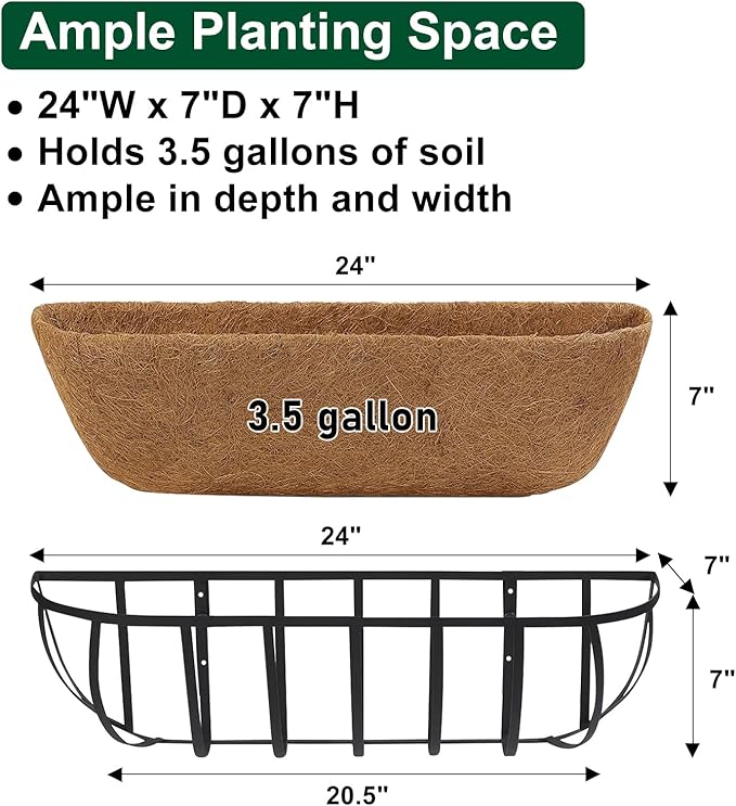DUNCHATY 24 Inch Railing Planter 4 Pack - Adjustable Metal Window Box Planter with Coco Liner for Deck Balcony Porch Fence - Outdoor Hanging Flower Basket for Herbs & Flowers