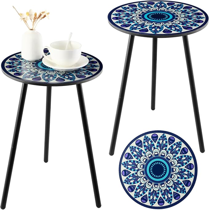 Outdoor Side Table Set of 2 Patio Side Tables for Outside Black End Tables Small Outdoor Table Round Patio End Table Metal Side Table Outside, Indoor, Living Room, Small Spaces, Midnight Feather