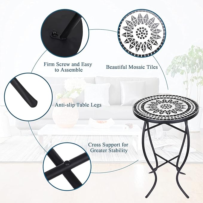 Vipush Outdoor Side Table Mosaic Accent Table End Table Plant Stand for Patio Garden Backyard Balcony Porch,14'' Round Mosaic Table Top with Black Iron
