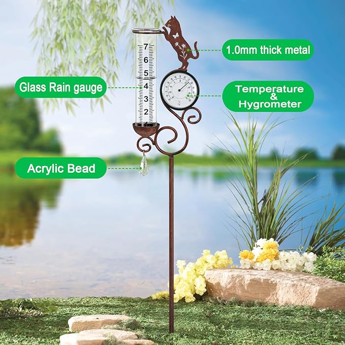 Cat Rain Gauge Outdoor,Large Number Scale Rain Gauge with Temperature & Hygrometer Metal Cat Garden Stakes for Outside,Lawn,Yard,Patio,Farm