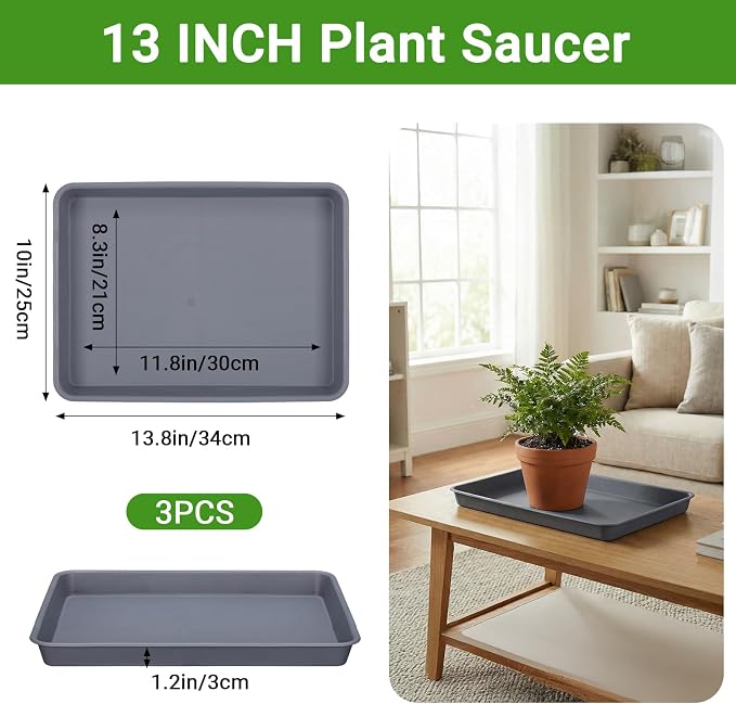 GREANER 13 Inch Plant Trays, Grey Pebble Tray for Plant Humidity, Rectangular Planter Saucers for Indoor Outdoor Plants(Pack of 3)