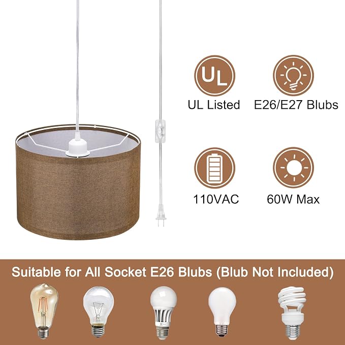 PATIKIL Plug in Pendant Light, 15Ft Rope Cord Hanging Lamp Fixture with ON/Off Switch, Linen Fabric Shade E26/E27 Bulb Socket for Bedroom Kitchen Living Room, Coffee