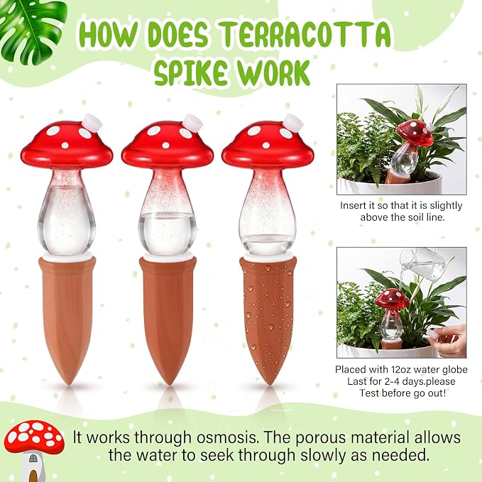 Teenyyou 3 Set Glass Self Watering Globes with Terracotta Self Watering Spike 12 oz Large Glass Waterer Bulbs Automatic Water Planter Insert Plant Water Device for Indoor Outdoor Plant(Red,Mushroom)