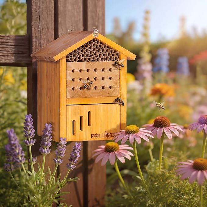 Mason Bee House -Wax Coated Mason House for The Garden, Natural Handmade Wooden Waterproof Mason Home, Attracts Peaceful Bee Pollinators,Native Mason Bee Habitat