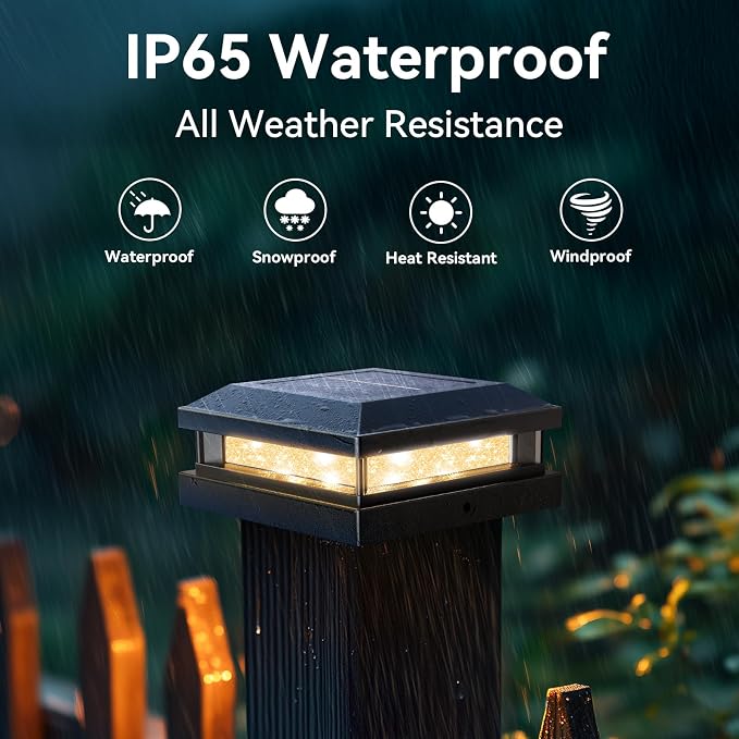 Solar Post Cap Lights Outdoor 16 Packs for 4x4 5x5 Vinyl/Wooden Posts, Waterproof Solar Powered Fence Cap Light with Warm/Cool Lighting, Black 16LEDs Deck Caps Lights for Yard, Garden, Patio