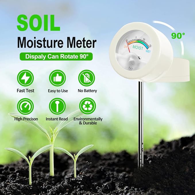 Soil Hygrometer Meter for Plants, Gardening Tool - Included 200+ Plants Care Guide, 100 pH Test Strips & Sample Tube, Soil Moisture Sensor for Indoor & Outdoor Use, No Battery Needed (White)