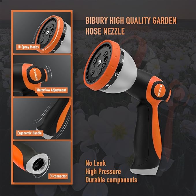 Water Hose Nozzle Sprayer, BIBURY Hand Sprayer with 10 Spray Patterns and On Off Valve Thumb Control, High Pressure Garden Hose Spray Nozzle for Watering Plants, Cleaning, Car Wash and Showering Pets