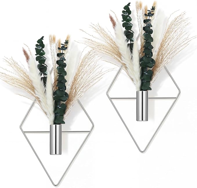Canlierr 4 Pcs Chrome Silver Wall Decor Hanging Planters with Artificial Plants Eucalyptus Pampas Grass Metal Hanging Vase Indoor Holder Modern Boho Wall Art for Bathroom Bedroom Living Room Decor