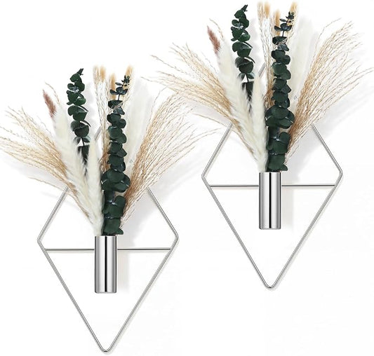 Canlierr 4 Pcs Chrome Silver Wall Decor Hanging Planters with Artificial Plants Eucalyptus Pampas Grass Metal Hanging Vase Indoor Holder Modern Boho Wall Art for Bathroom Bedroom Living Room Decor