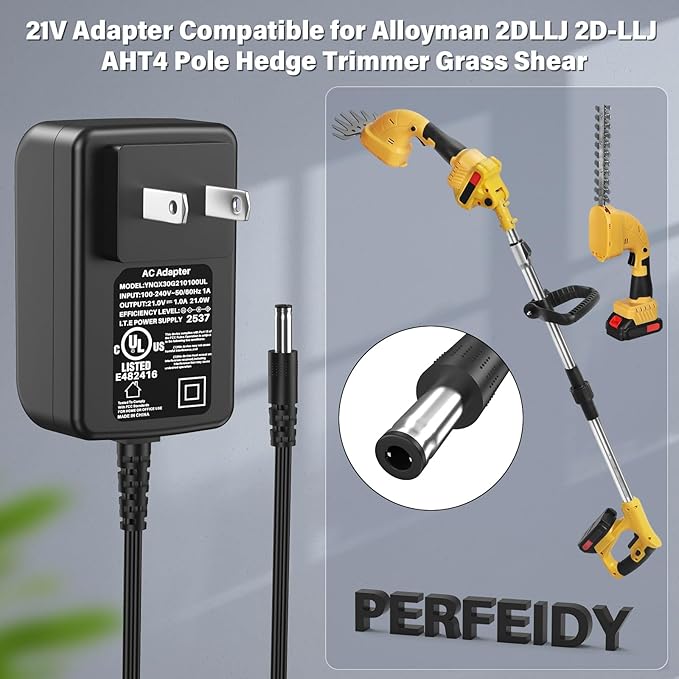 21V Power Cord Compatible with Alloyman 2DLLJ 2D-LLJ AHT4 Pole Hedge Trimmer Grass Shear, Perfeidy UL Charger AC Adapter Power Supply Black
