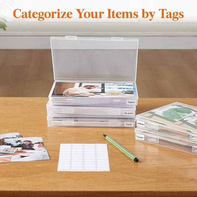 Lifewit 1 Pcs Photo Storage Set with 7 pcs 5"x7" Inner Photo Box& 23 x 22 cm/9x8.5 Transport Case, Craft Organizer for Seed Cards Pictures Office Supplies with 1 Sheet Label Sticker, Clear