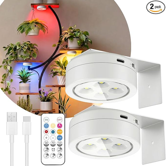 2 Pack Rechargeable Magnetic Grow Light, Full Spectrum Indoor Plant Light with Timer & Remote, Seedling/Growth/Bloom Presets, Stepless Dimming,Type-C Charging 2000mAh, Plant Lights for Indoor Growing