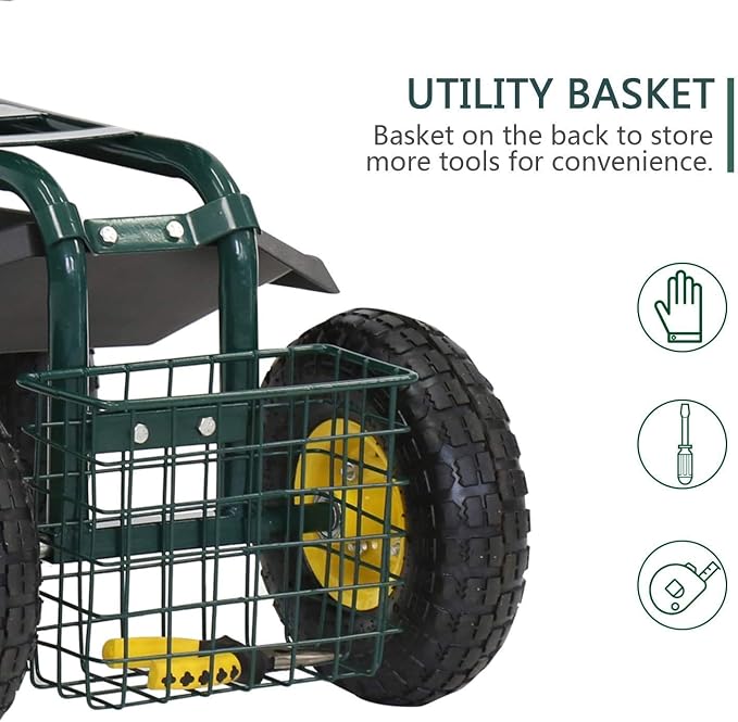 Garden Cart Rolling Work Seat Patio Wagon Scooter for Planting with Utility Tool Tray and Basket, Green